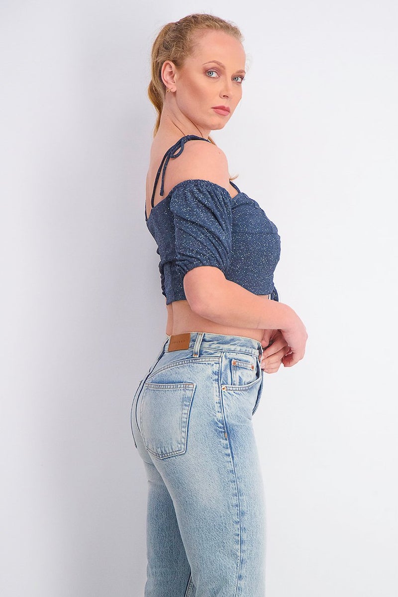 TOPSHOP Women Ruched Off Shoulder Top, Blue - Image 2